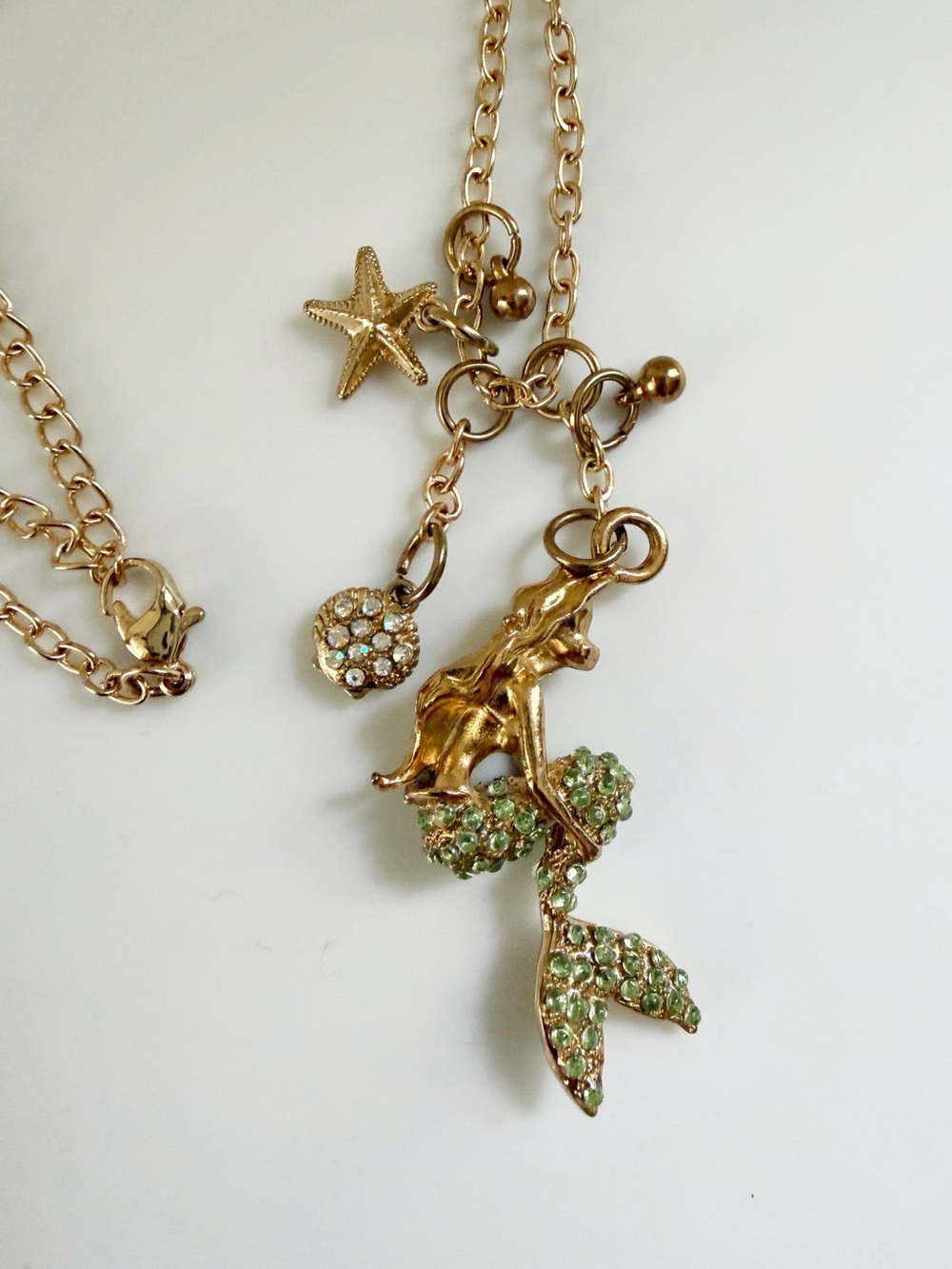 Disney Ariel Little Mermaid Gold Tone Green Rhinestones Pendant Signed Necklace